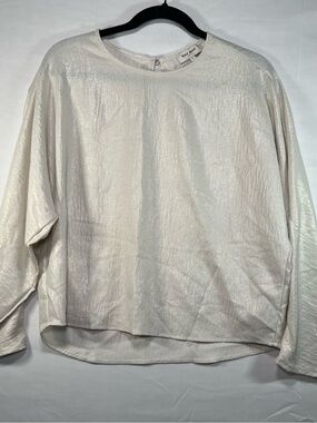 NAF NAF Paris Metallic Ivory Shimmer Blouse Size L Wide Sleeve Top
